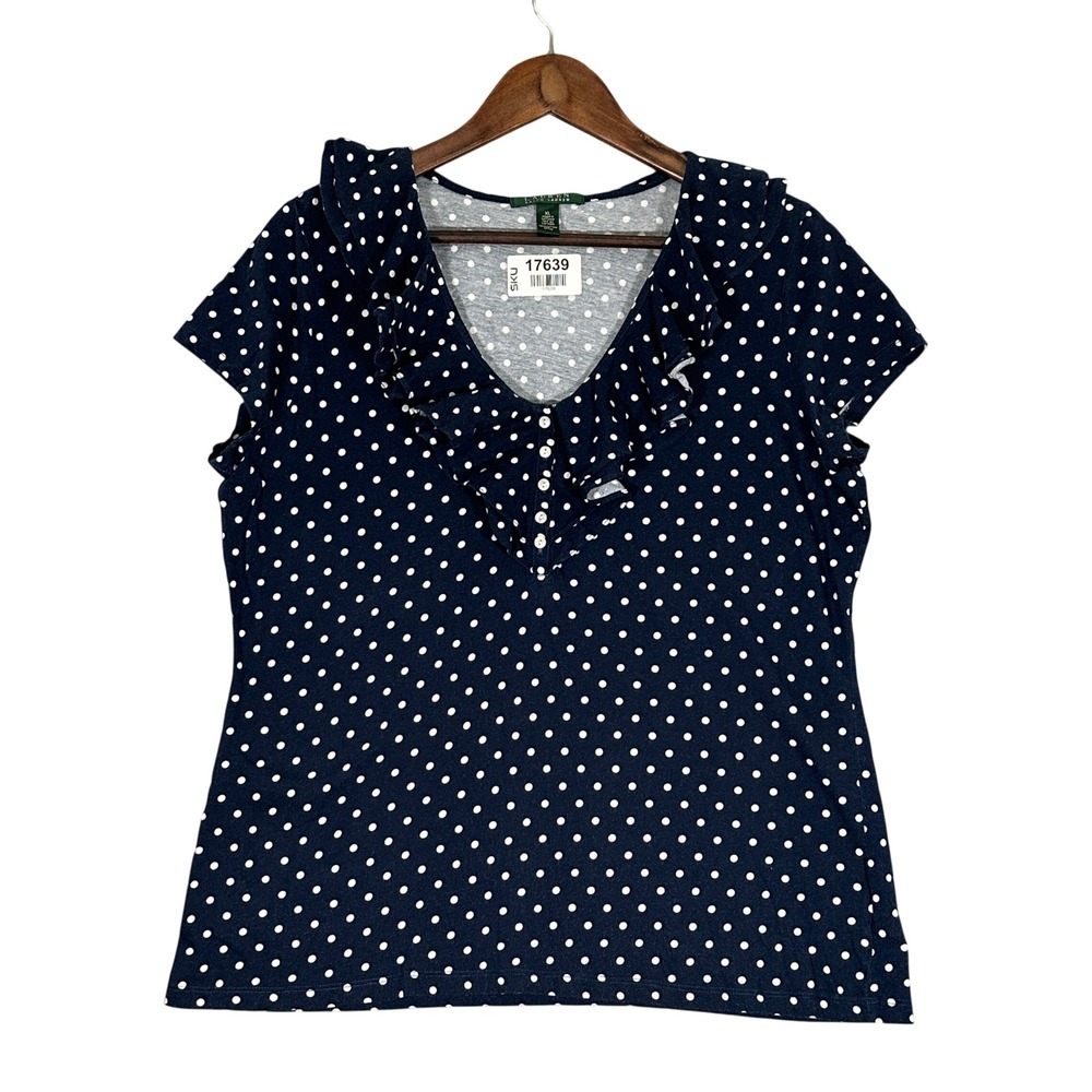Lauren Ralph Lauren Blouse Womens XL Navy Blue Polka Dot Ruffle V-Neck Excellent